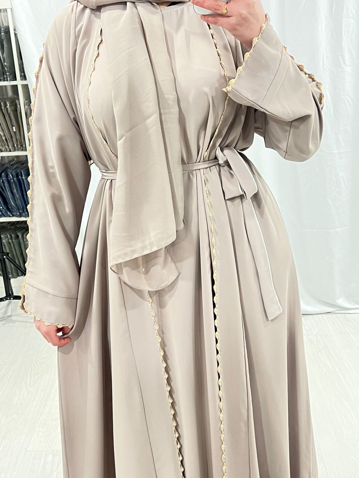Blush Nude Majesty Open Abaya With Trim
