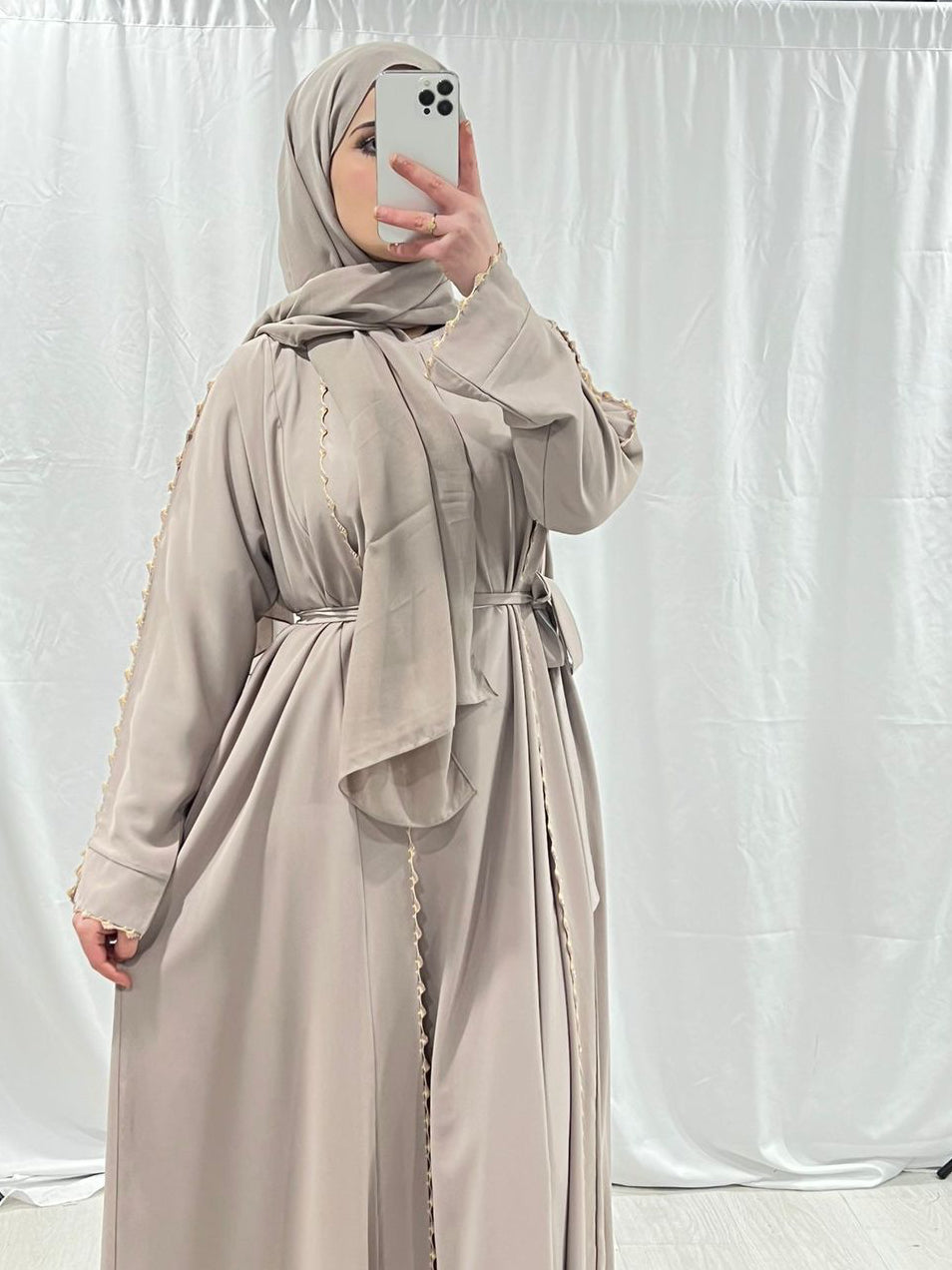 Blush Nude Majesty Open Abaya With Trim
