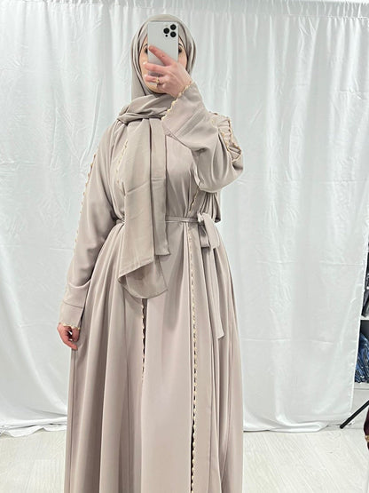 Blush Nude Majesty Open Abaya With Trim