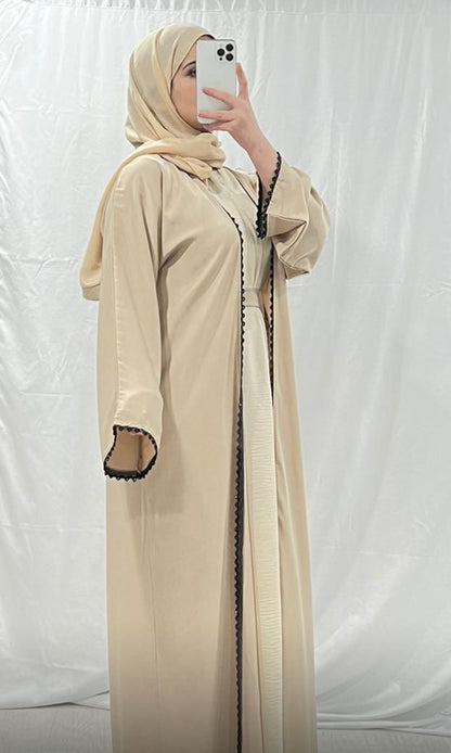 Peach Cream Noir Trim Abaya
